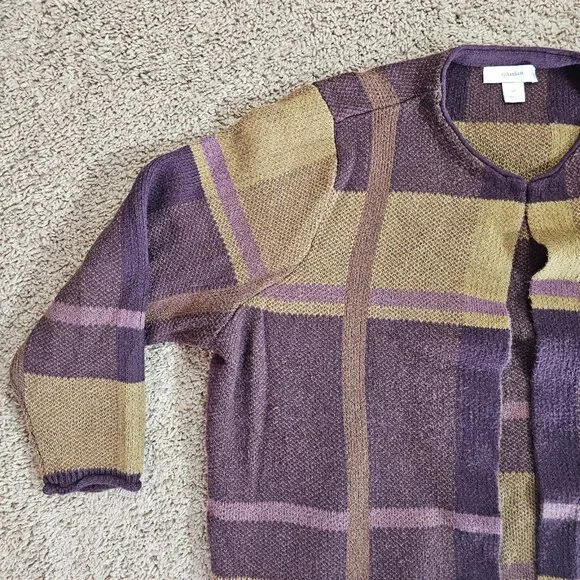 CJ Banks Long Open Front Cardigan Sweater Womens 2X Plaid Purple Tan Knit - Picture 3 of 14